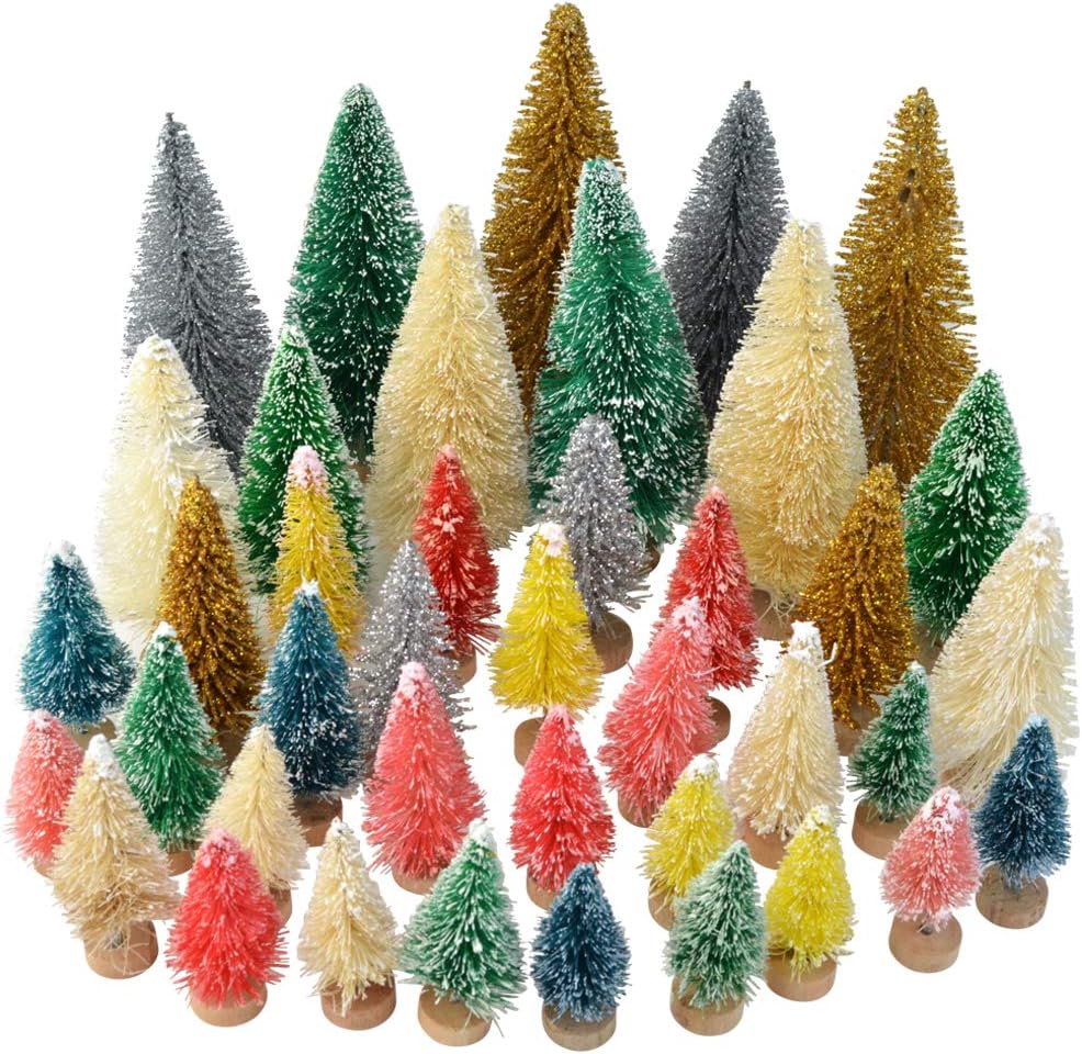 Yookat 40Pcs Mini Pine Trees Artificial Mini Trees with Wood Base Sisal Trees Bottle Brush Trees Assorted Color for Christmas Decoration Winter Ornaments DIY Crafts