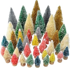 Yookat 40Pcs Mini Pine Trees Artificial Mini Trees with Wood Base Sisal Trees Bottle Brush Trees Assorted Color for Christmas Decoration Winter Ornaments DIY Crafts