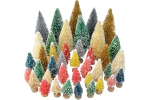 Yookat 40Pcs Mini Pine Trees Artificial Mini Trees with Wood Base Sisal Trees Bottle Brush Trees Assorted Color for Christmas Decoration Winter Ornaments DIY Crafts (Multicolor)
