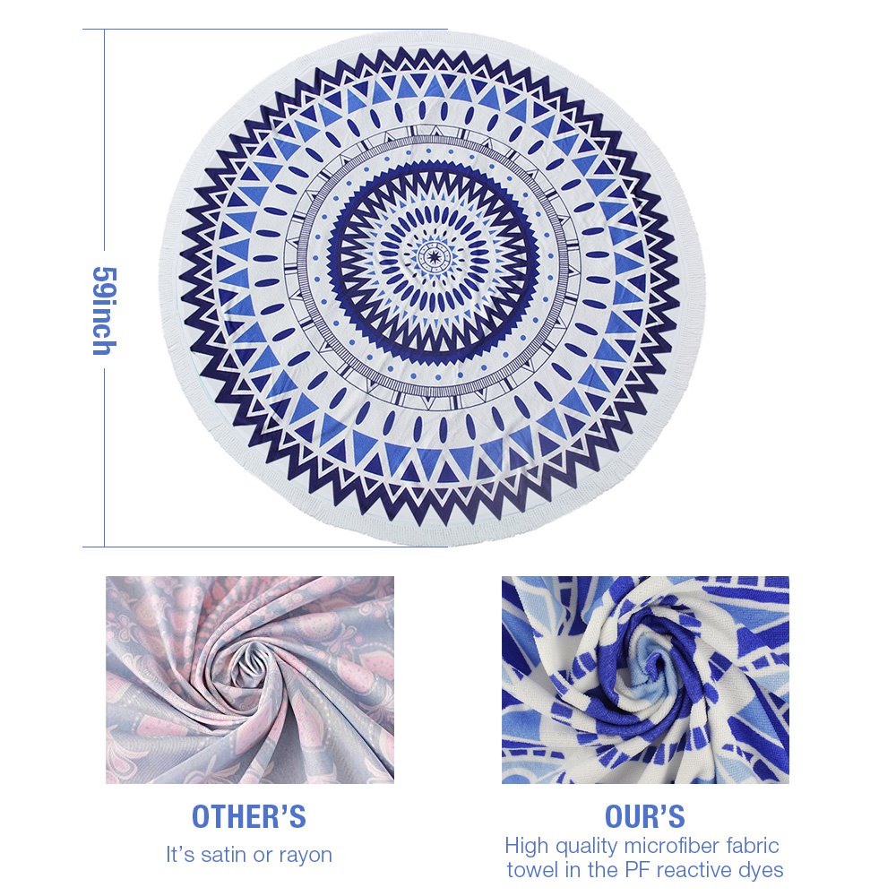 ELECCTV Round Beach Towel, Microfiber Round Beach Blanket for Yoga Mat Picnic Blanket Baby Pet Playing Mat with Fringe Tassels
