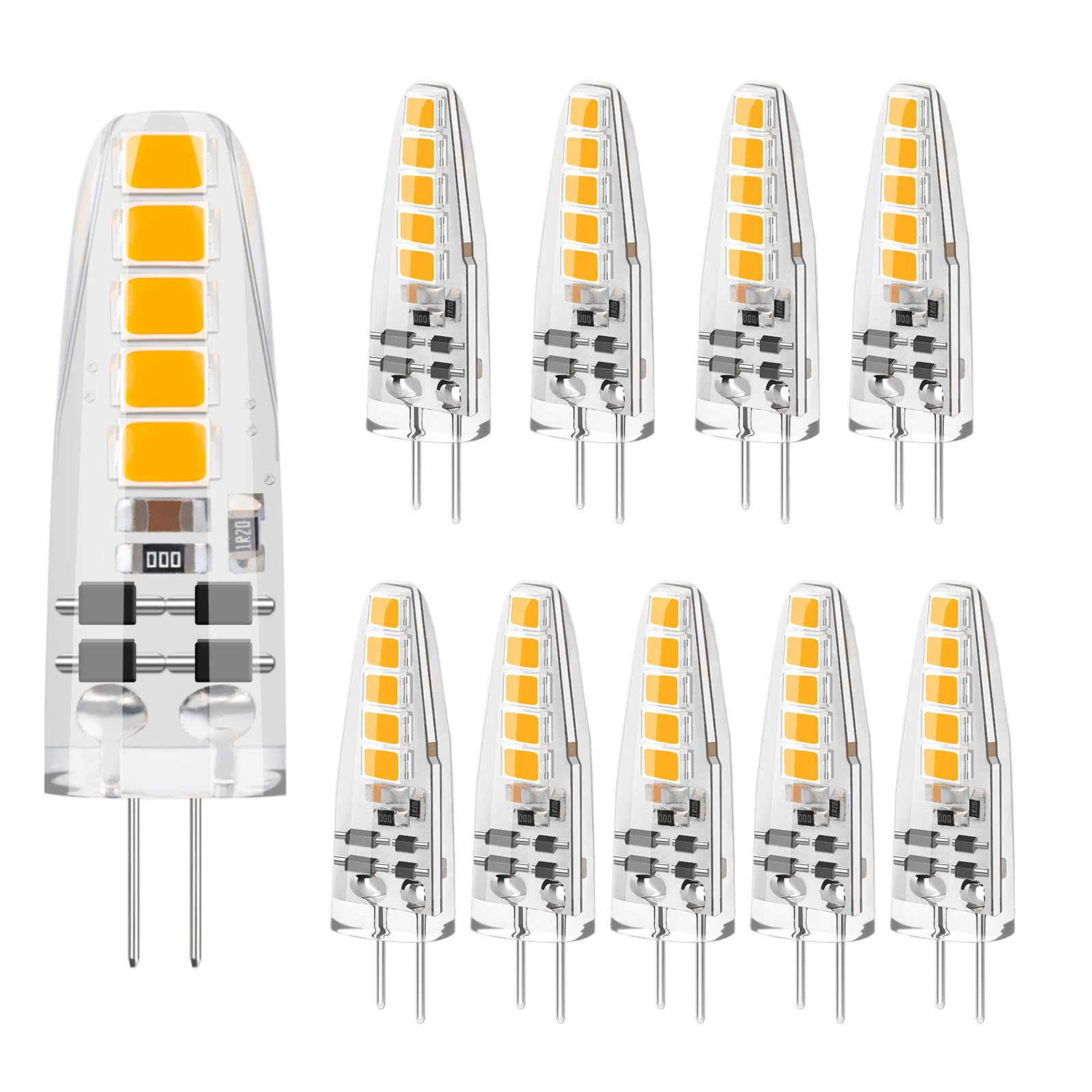 DiCUNO G4 LED Dimmable Light Bulbs 2W, 12V, 185LM, Warm White 2700K, Equivalent to 20W G4 Halogen Bulb, Bi-Pin Base, No Flicker Capsule Bulb for Chandelier Home Lighting Decor, 10 Pcs