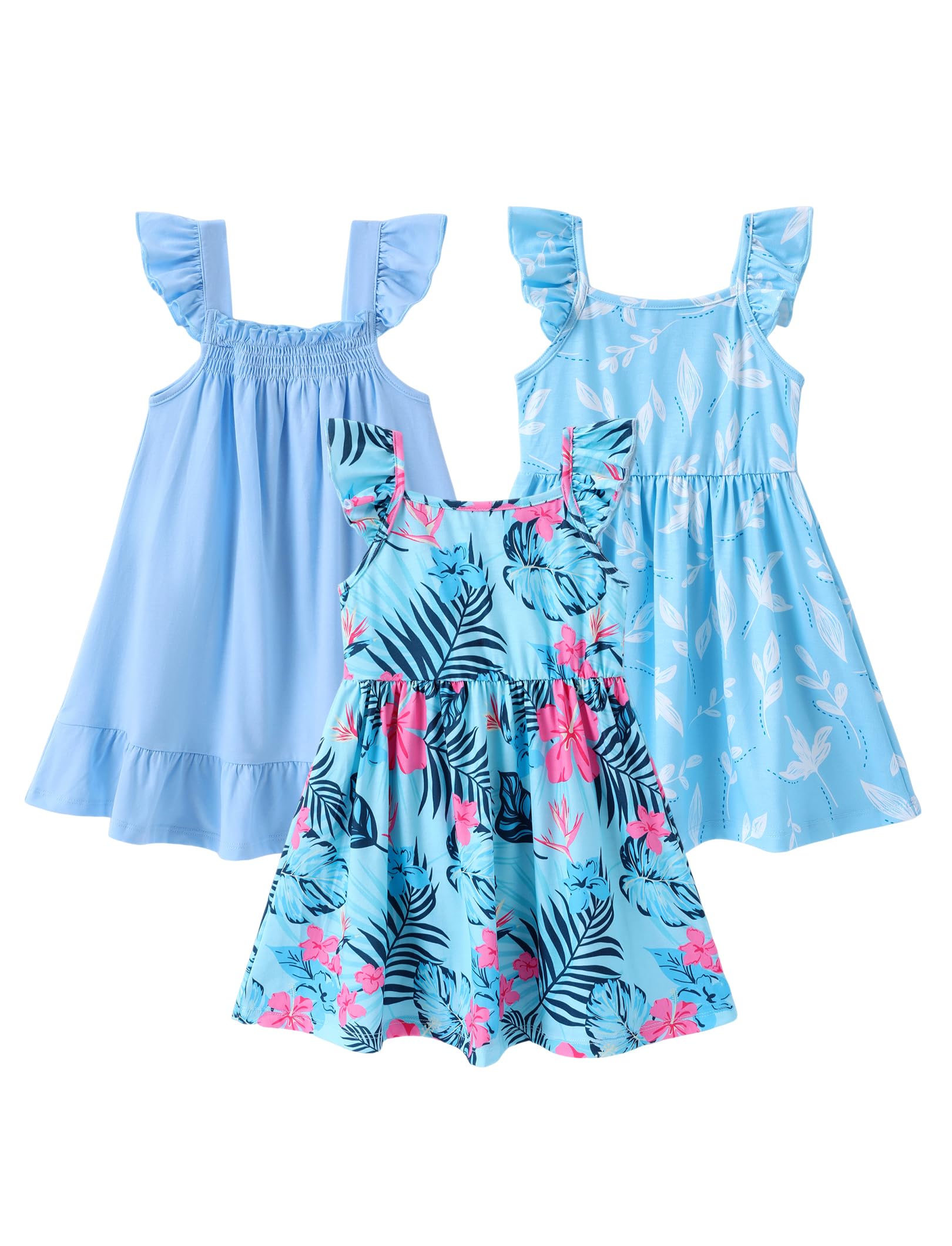 PATPAT Baby Girl Dresses Multipack – Tropical Leaf Print, Blue Stripe & Pink Ruffle Style, Lightweight Outfits for Play & Warm Days, 12–18 Months Image