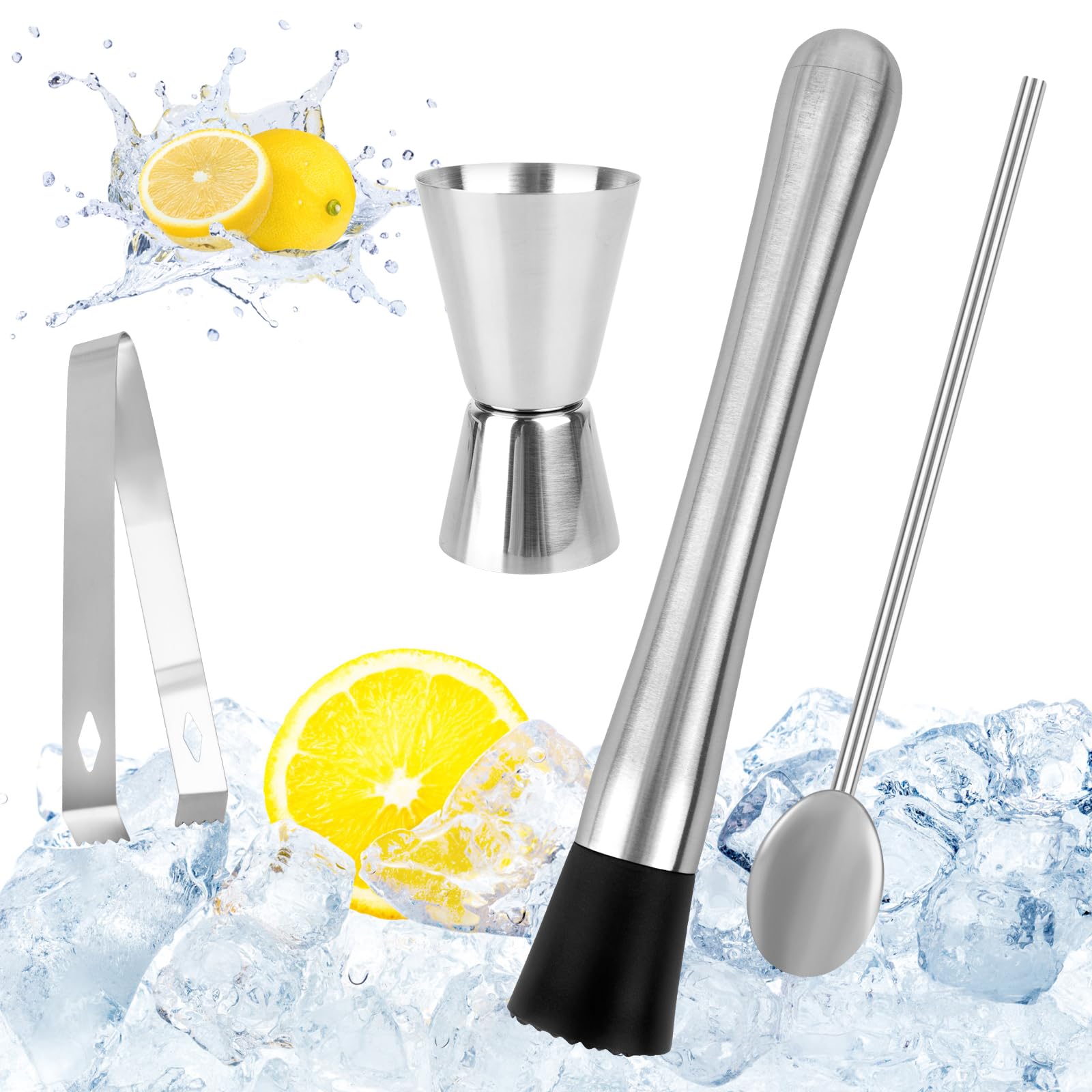 RUCUDIM Stainless Steel Cocktail Muddler with Cocktail Spoon, Bartender Set, Mojito Masher, Ice Crusher, Masher, Cocktail Muddler, Shaker with Measuring Cup, Bar Accessories for Kitchen, Bar