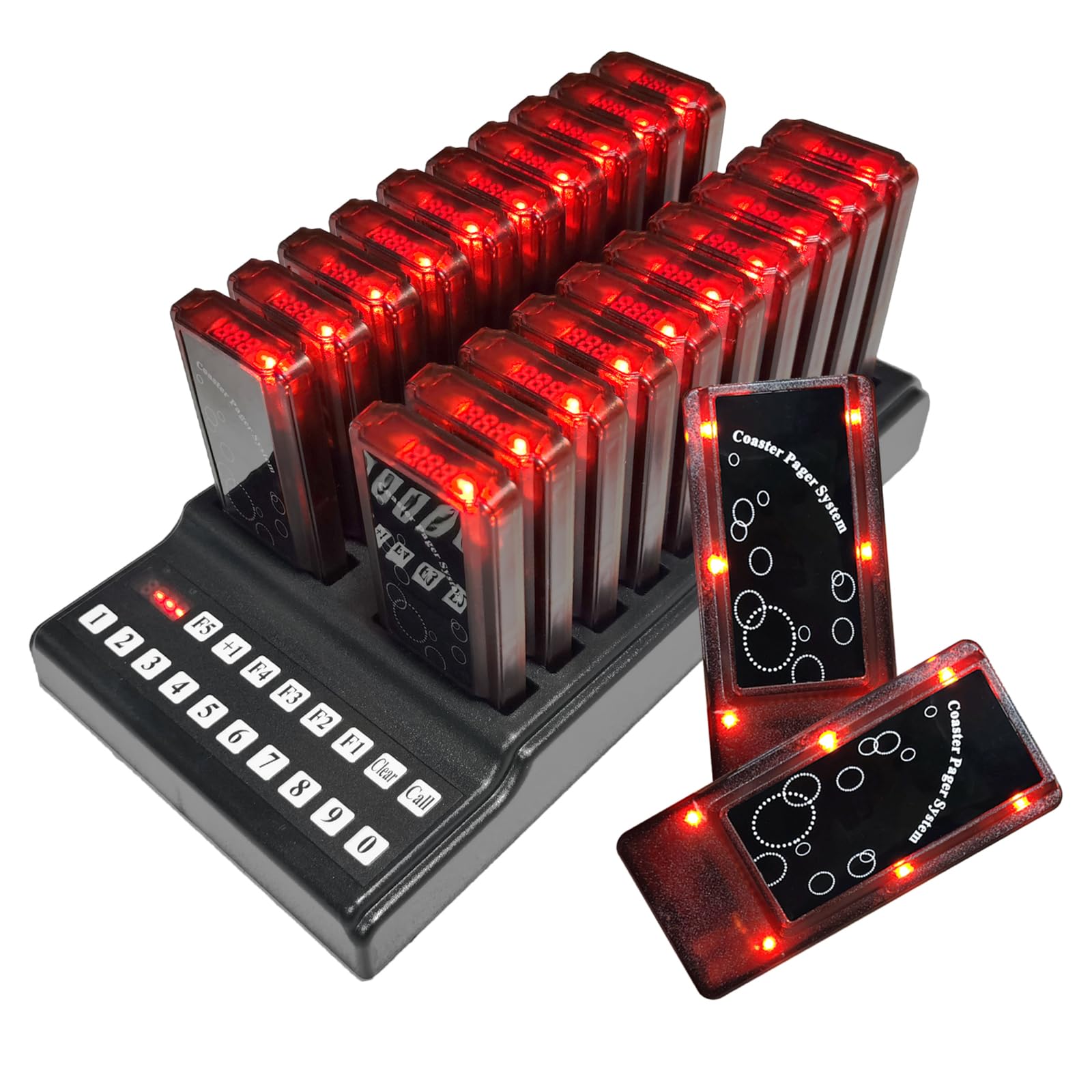 3-Digits Restaurant Pager System, Queue Calling System Wireless, Guest Paging System, Pager and Beeper, 500M, 28H Stanfby Time, 999 Channels, 3 Seconds Fast Response（20 Pagers +1 Keypad）