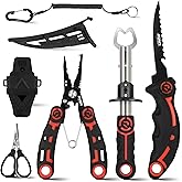RUNCL 4pc Fishing Tool Kit- Fishing Pliers, Fish Fillet Knife with Sharpener, Fish Lip Gripper, Fishing Braid Scissors, Saltwater Fishing Gear and Equipment with Sheath/Lanyard, Fishing Gifts for Men