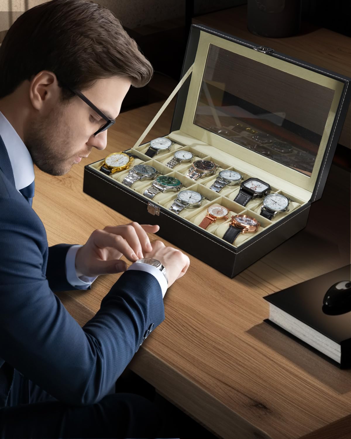 Ohuhu Watch Case 12 Slot PU Leather Real Glass Lid Watch Box Watch Holder Organizer Display Storage Box Soft Velvet Jewelry Box for Men and Women Birthday Fathers Day Valentine's Day Gifts