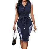 SeNight Women's Denim Dress Sexy V Neck Bodycon Mini Dresses