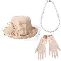 5pc Tea Party Accessory Set Fascinator Hat Gloves Pearl Jewelry Derby Cocktail Bniksok 5-Pack Khaki Apricot Fascinator Hat for Women Tea  main image 4