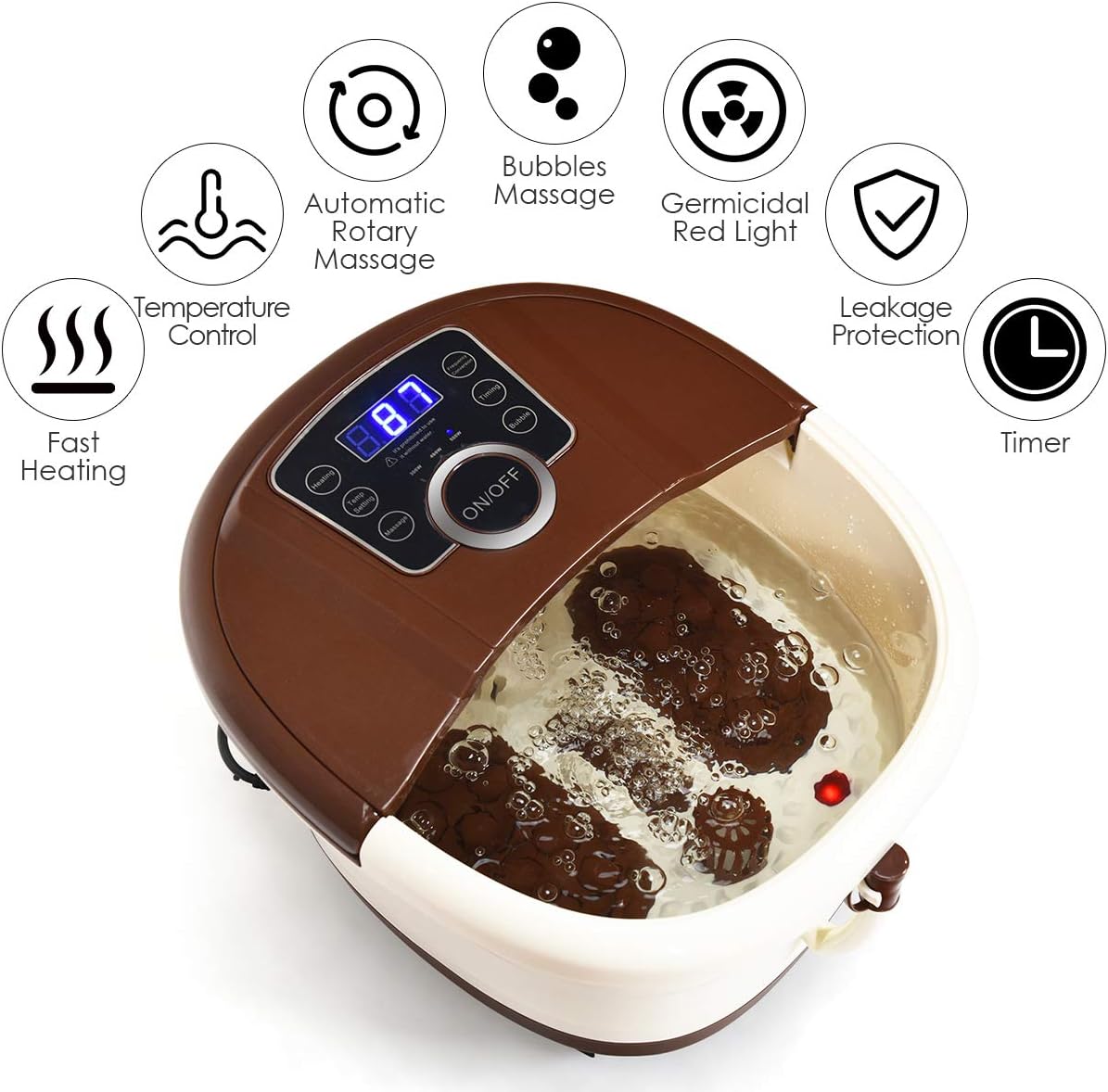 Giantex Foot Spa Bath Massager with Heat, Bubbles, 16 Pedicure Shiatsu Roller Massage Points, Frequency Conversion Power Saving, Adjustable Time & Temperature, LED Display, Drainage Pipe (Brown): Health & Personal Care