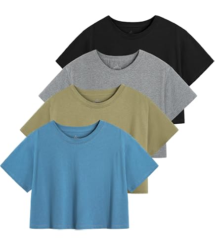 4-Pack Women's Cotton Crop T-Shirts Short Sleeve Black/Gray/Navy
