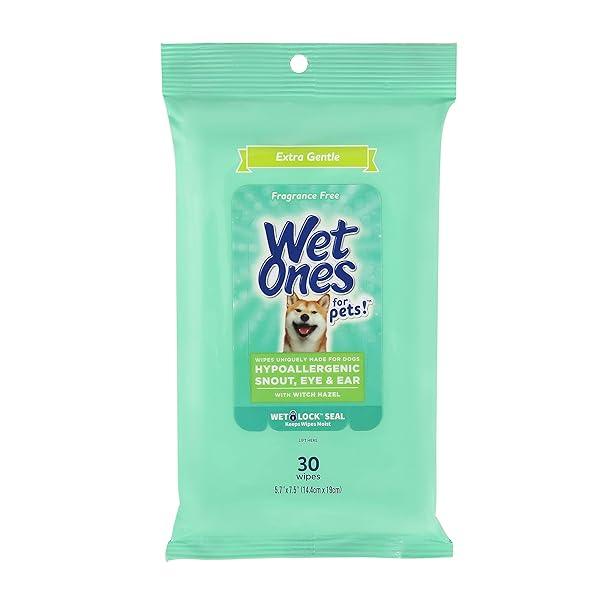 WET ONES FOR PETS EXTRA GENTLE HYPOALLERGENIC DOG WIPES WITH WITCH HAZEL FOR SNOUT, EYE, EAR | FRAGRANCE-FREE FOR ALL DOGS WITH WET LOCK SEAL | 30 CT POUCH