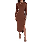 ZESICA Women's 2026 Ribbed Knit Dress Long Sleeve Mock Neck Slim Fit Side Slit Fall Elegant Sweater Dresses