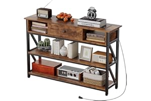 Mexin 47 Inch Console Table with 2 Outlet and 2 USB Ports, Entryway Table with Drawer and Storage Shelves, Narrow Sofa Table for Living Room and Hallway, Vintage Brown
