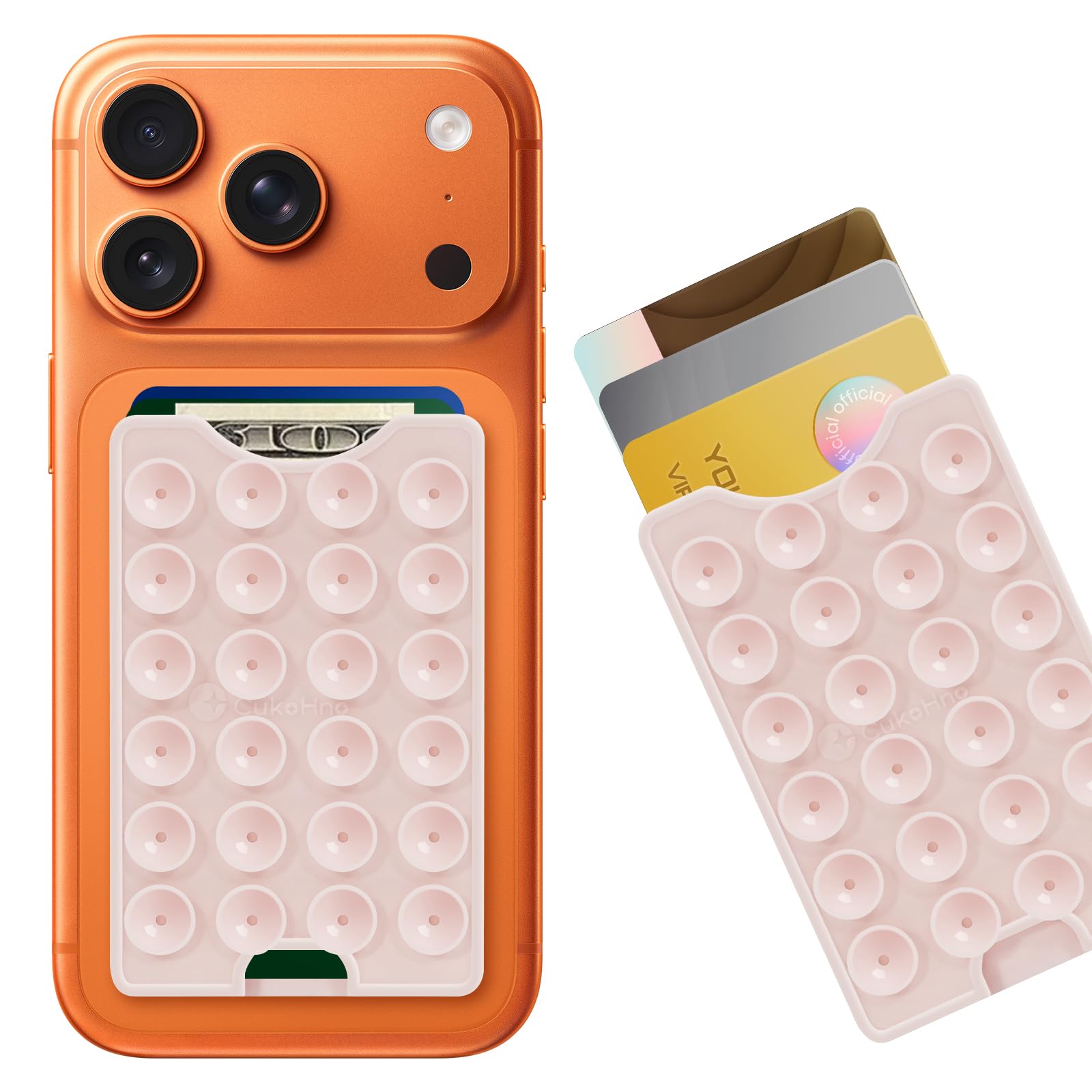 CukoHno Classic - Suction Phone Card Holder Adhesive Mount,Up to 3 Cards,Hands-Free,Strong Grip Holder for Selfies and Videos,2.28″x 3.5″,Chalk Pink