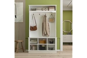 Homsee Modern Hall Tree with Storage Bench, 4-in-1 Entryway Bench with Coat Rack, Tall Hall Tree with 4 Metal Hooks, Shelves & 6 Cubes for Hallway, Living Room, White (39.8”L x 17.3”W x 67.1”H)