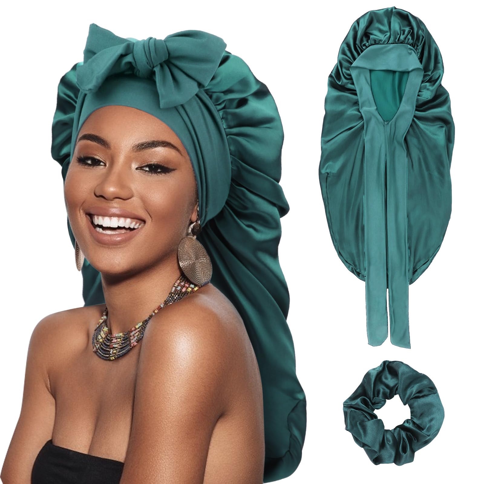 DRESHOW Long Satin Braid Bonnet for Women Silk Bonnet for Sleeping Sleep Cap with Elastic Tie Band Night Cap for Long Curly Hair Locs