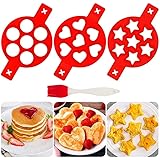Pancake Mold Maker Fried Non-Stick Egg Mold Reusable Silicone Pancake 7 Cavity Egg Ring 3 Pack and Silicone Brush (Heart Roun