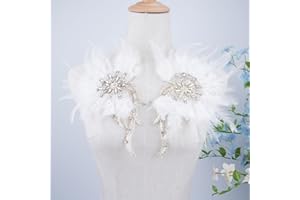 RACOSDM Handmade Beaded Rhinestone Appliques Sew on Crystal Flower Lace Patch Vivid Feather Patch, Multi-Color Pairs for DIY Clothing, Wedding Dress, and Home Decoration (White)