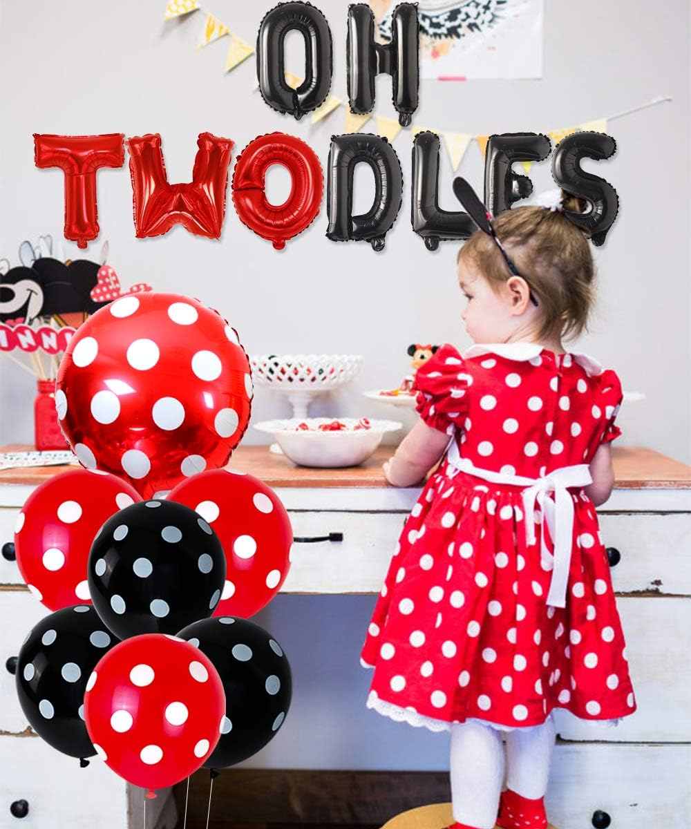 2nd Birthday Decoration Set Themed of Minnie Mouse Red and Black, Oh Twodles Happy Birthday Banner Ear Headband Second Birthday Party for Girl: Toys & Games