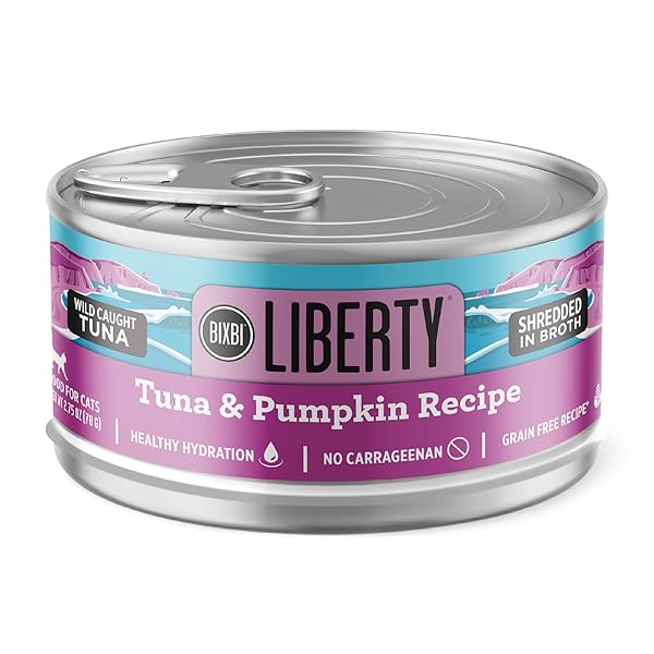 BIXBI LIBERTY CANNED WET CAT FOOD – GRAIN FREE, TUNA AND PUMPKIN RECIPE IN BROTH, 2.75 OUNCE (PACK OF 24)