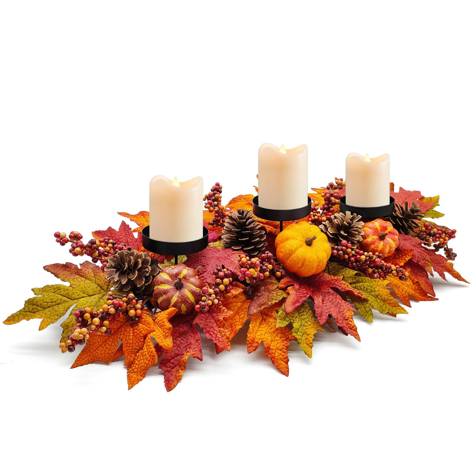 Photo 1 of Fall Centerpiece Table Decorations, 27.5'' L Assorted Artificial Pumpkins, Pine Cones, Berries, and Autumn Leaves Harvest Table Candle Holder for Dinning Table, Fireplace Mantel (Candle Not Included)