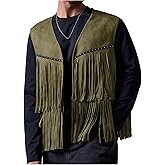 OYOANGLE Men's Casual Suede Top Shirt Boho Fringe Trim Open Front Sleeveless Vest Jacket Waistcoat