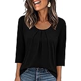 LOMON 3/4 Length Sleeve Womens Tops Summer Casual Pleated Crew Neck Blouses Loose Fit Tunic Shirts