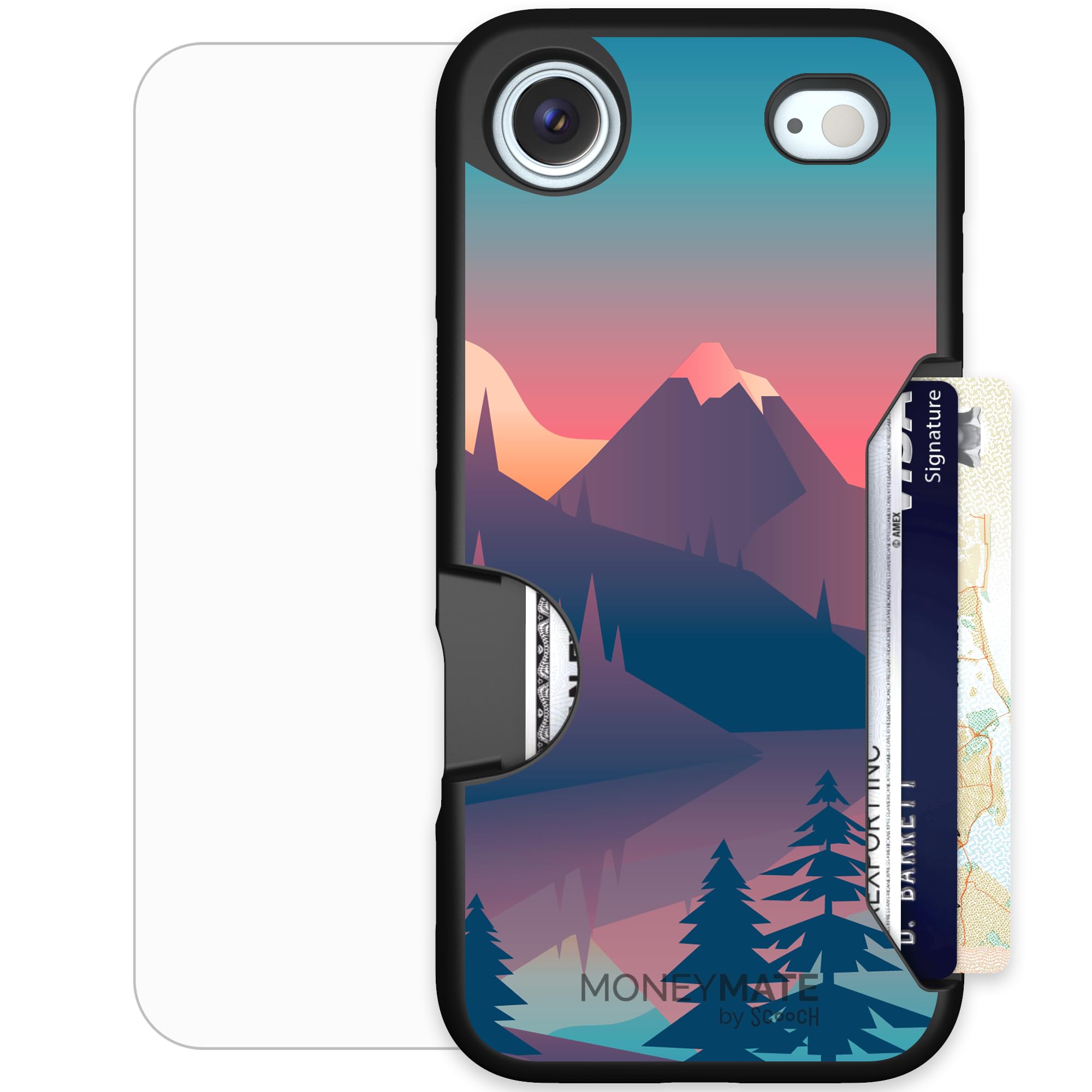 Scooch for iPhone Air Case with Card Holder, Moneymate Wallet Case with Hidden Card Slot and Protection for 4 Cards, 10-Foot Drop Protection, Mountain Range (Screen Protector Bundle)
