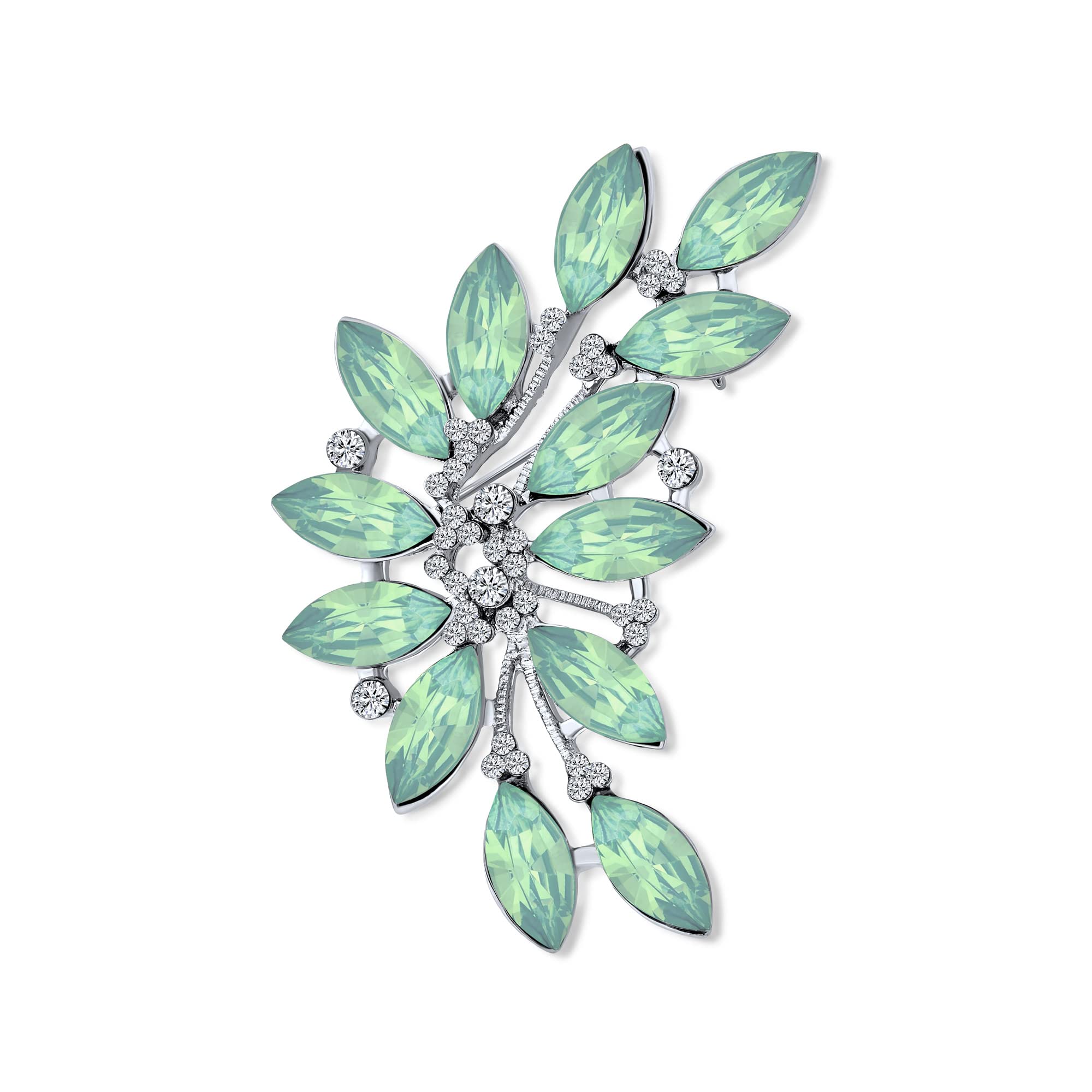 Fashion Large Aqua Green Marquise Crystal Statement Leaf Brooch Pin For Women For Mother Silver Plated Brass