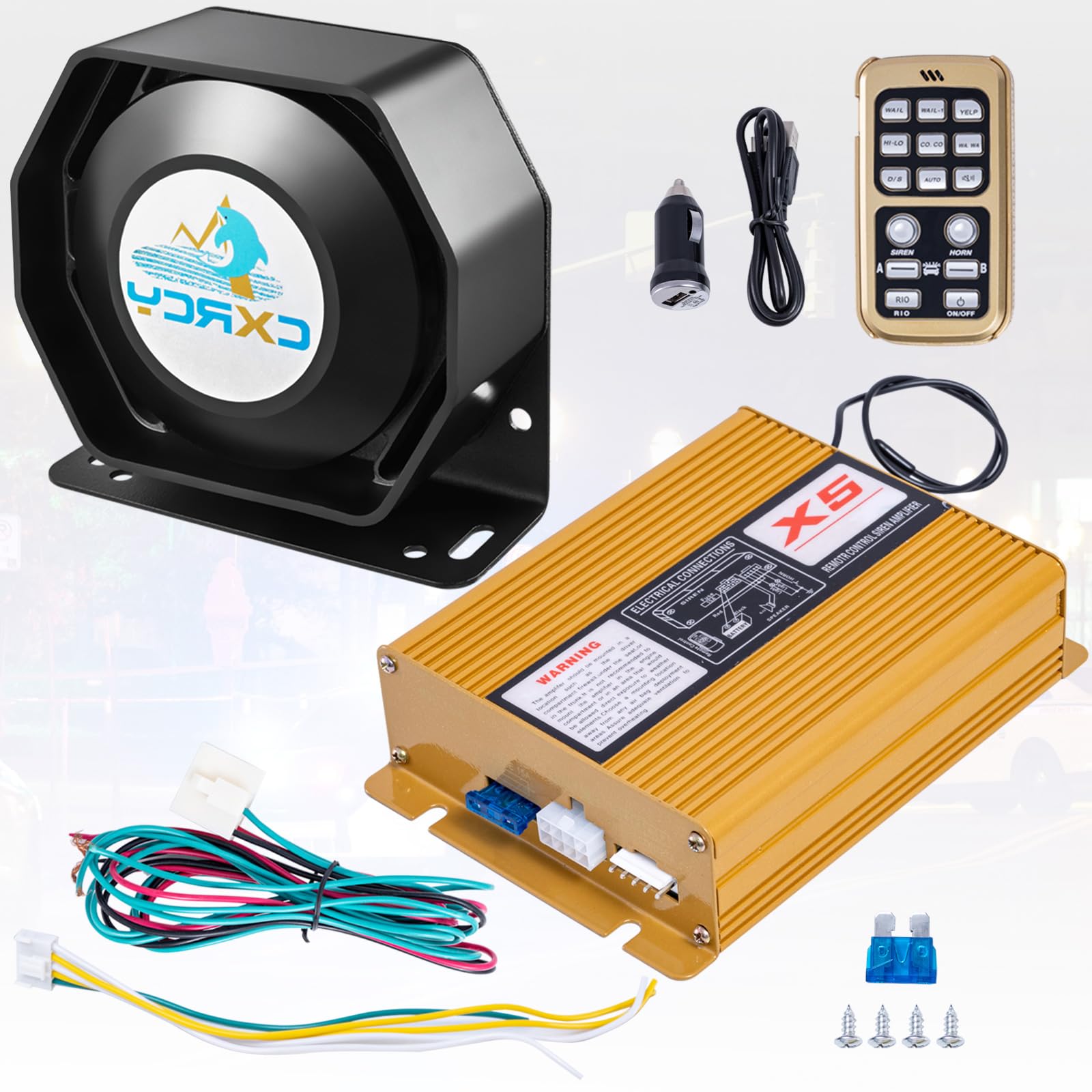 12V 100W Police Siren PA System Kit [18 Tones] [120-130dB][Wireless Mic PA System] CXRCY Emergency Warning Siren for Vehicles Tow Truck UTV ATV Van Car POV RV