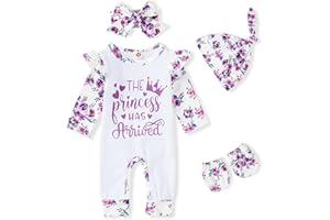 GRNSHTS Newborn Baby Girl Romper Infant Letter Print Jumpsuit Floral Bodysuit+Hat+Headband+Gloves Coming Home Clothes Outfits