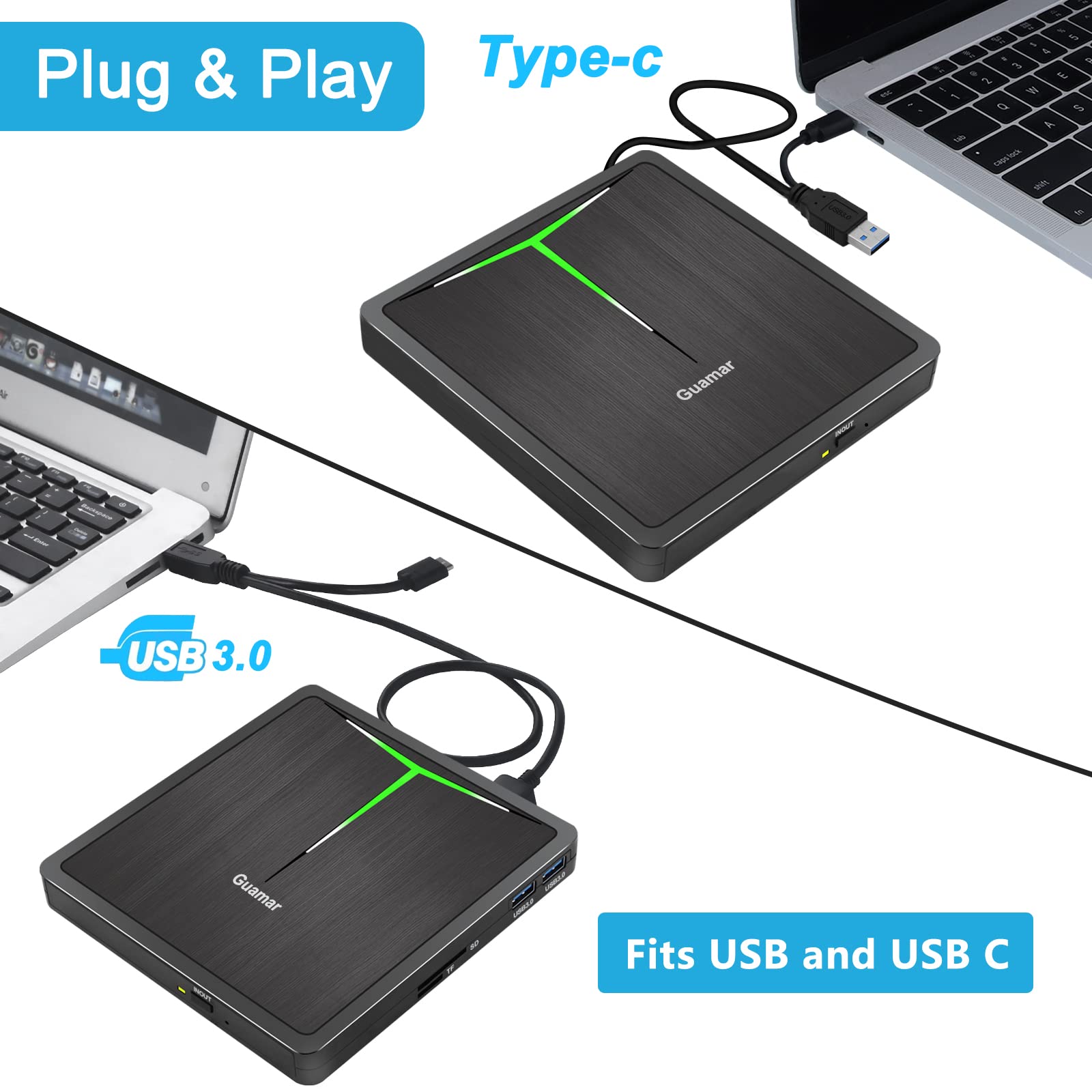 Guamar External CD DVD Drive, USB 3.0 Type-C CD/DVD ROM +/-RW Player Burner Reader Writer with SD/TF Slot & 2 USB/Carrying Case, Portable Optical Disc Drive for Laptop PC Desktop Windows Mac Linux