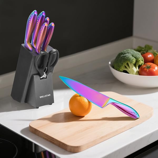WELLSTAR RAINBOW KNIFE SET 8 PIECES, IRIDESCENT GERMAN STAINLESS STEEL KITCHEN KNIVES SET WITH WOODEN BLOCK, COLORFUL TITANIUM COATING, CHEF’S KNIFE BLOCK SET WITH SCISSORS AND BUILT-IN SHARPENER