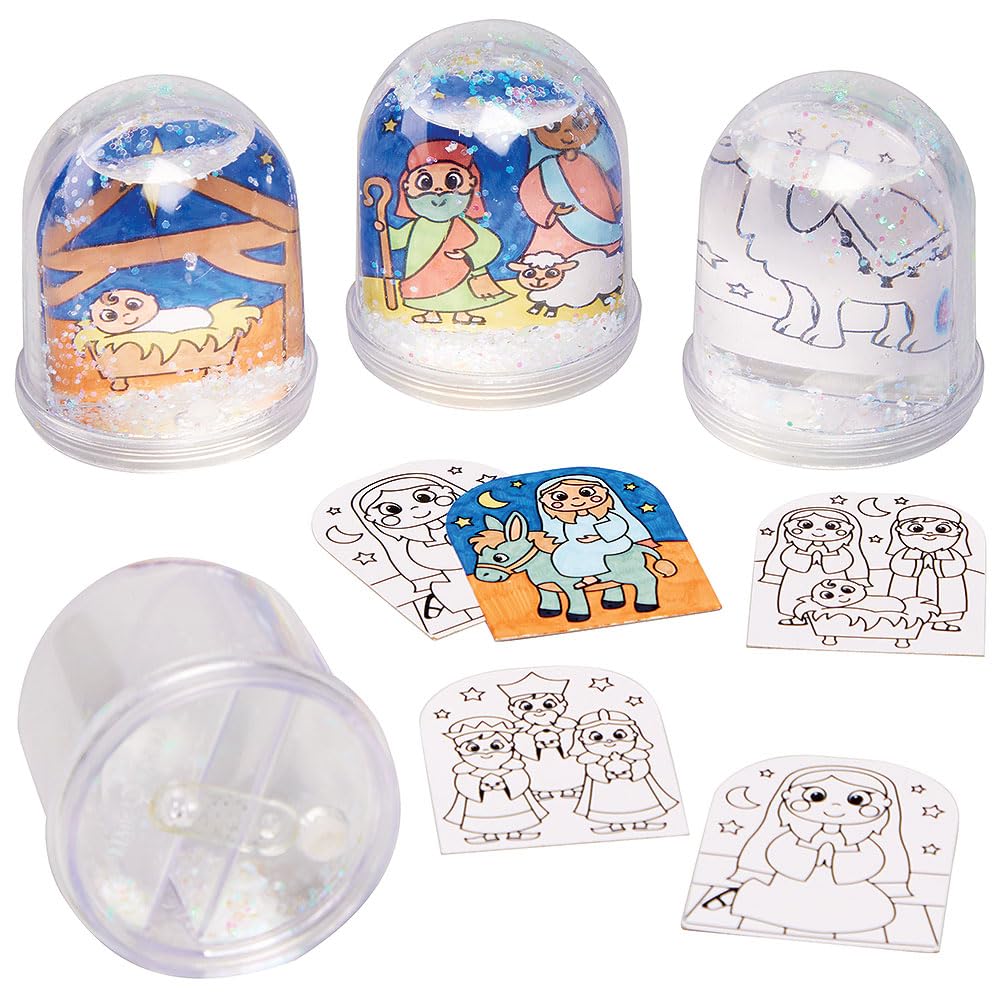 Baker Ross FX297 Nativity Colour in Snow Globes - Pack of 4, Kids Craft Kit, Christmas Decoration Crafts, Colouring Crafting for Children