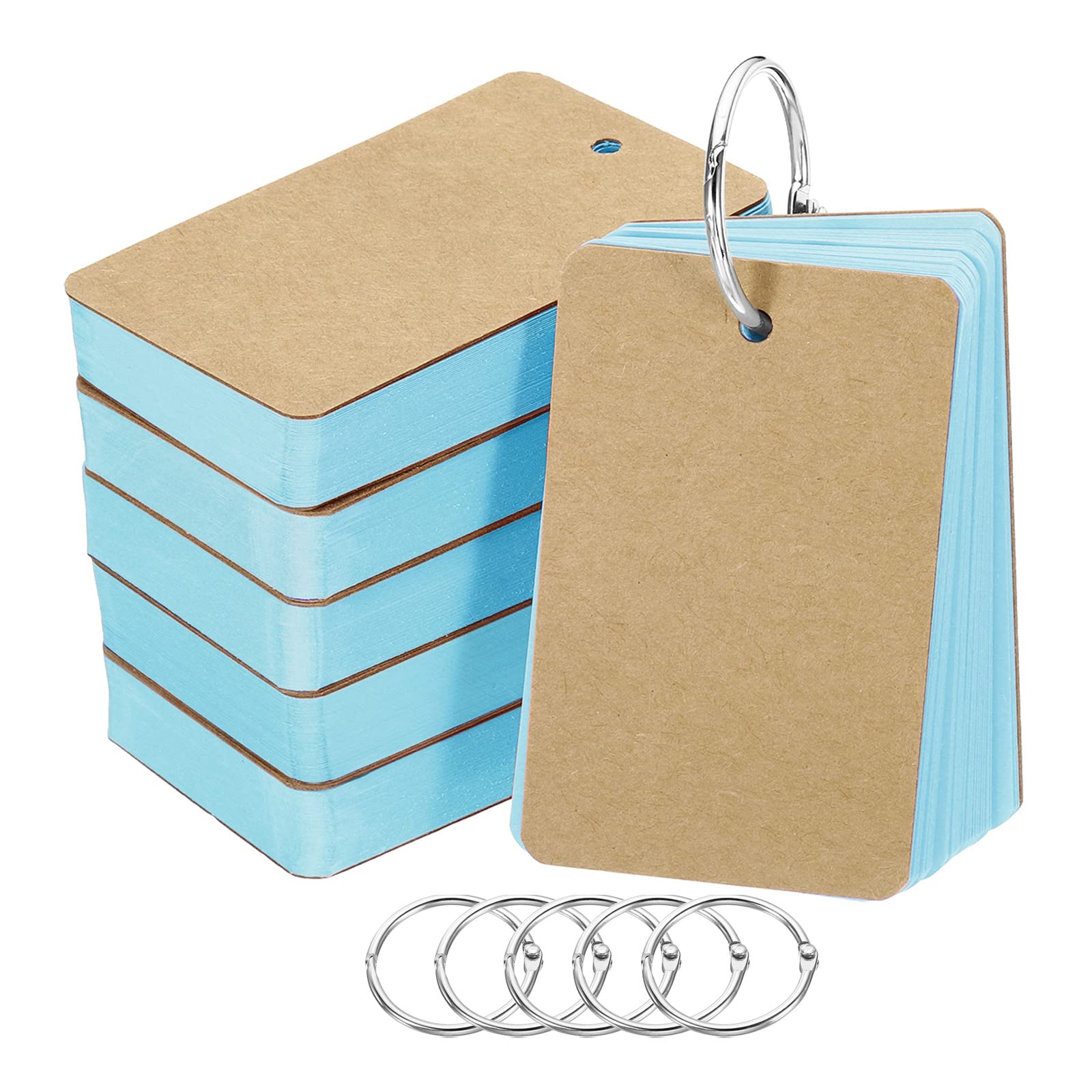 PATIKIL 3.5" x 2" Blank Flash Cards with Rings, 300 Pack Study Cards Index Cards Note Card Pre Hole Punched for Learning, Blue