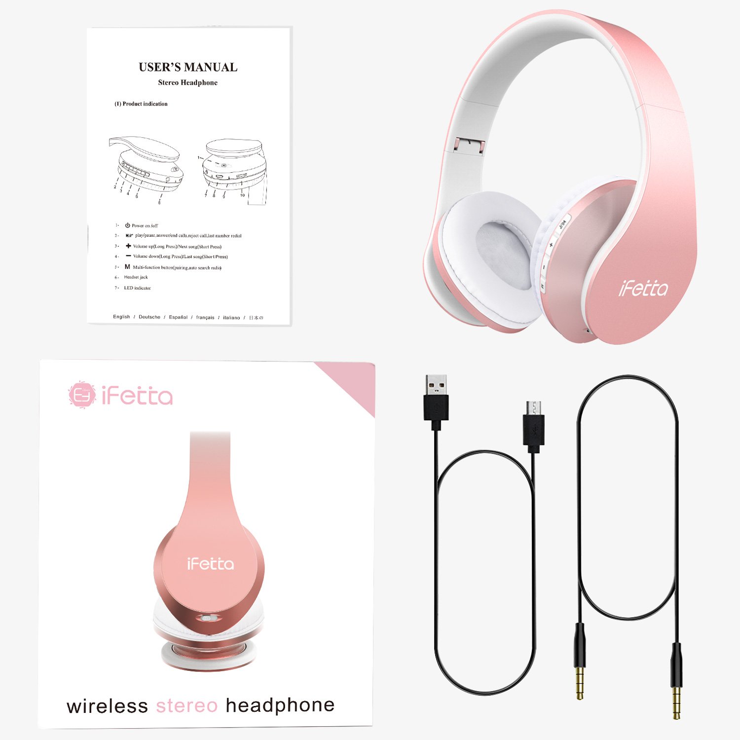 Bluetooth Kopfhörer, Ifecco Bluetooth Headset Wirless Ohrpolster Kopfhörer, Stereo-Headset Sport Hörer Kompatibel mit Allen Gängigen Smartphones/Tablets/Notebooks (Neu golden rose)