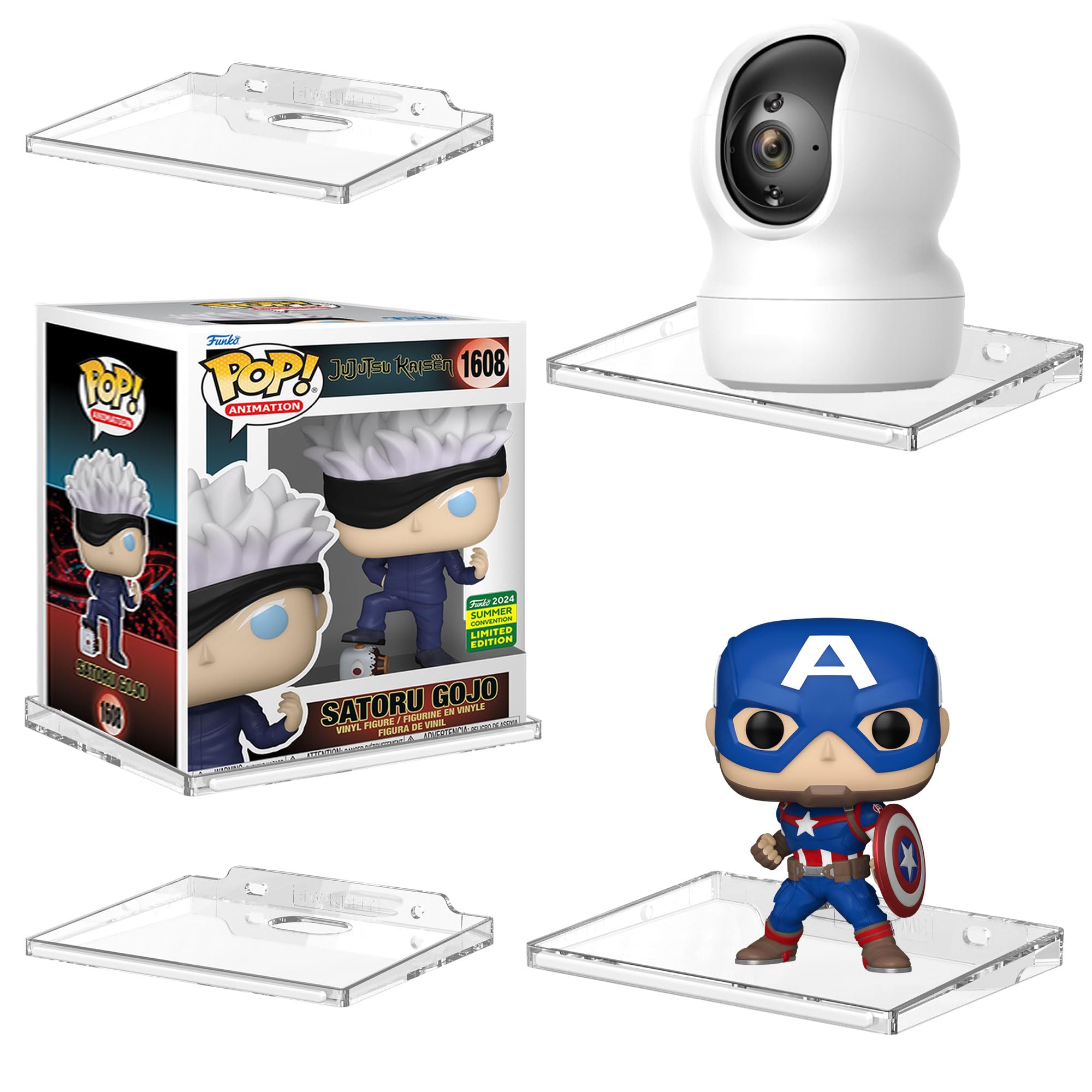 Photo 1 of (4 Pack) Clear Floating Wall Shelf, Wall Floating Shelves for Funko Pop, Action Figures,Security Cameras, Baby Monitors, Speakers or any small accessories.Weight capacity is 3lb installed by screws.