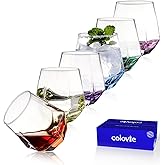 ColoVie Stemless Wine Glasses Set of 6, Cocktail Glasses, Diamond Shaped Wine Glasses for White or Red Wine, Unique Colorful Drinking Glasses,10 oz Easy Hold, Cute, Dishwasher Safe