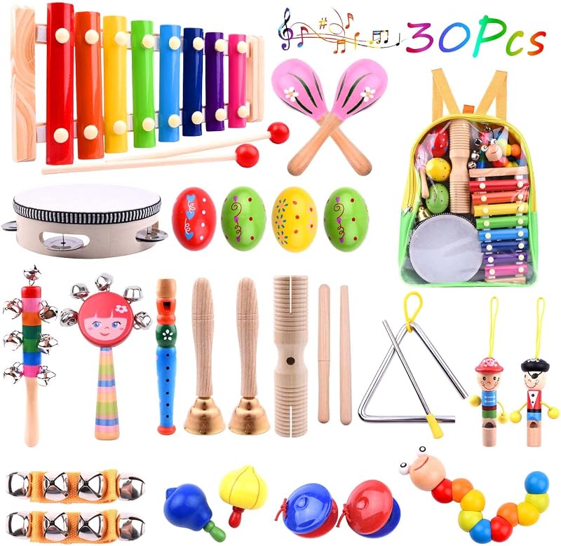 ELECLAND 30 Pcs Musical Instruments Set for Toddlers Wooden Toys Educational