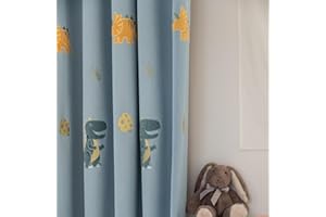 KMSG Cartoon Dinosaur Kids Curtains with Blackout Liner Embroidery Nursery Curtains for Children Boys Baby Bedroom Living Room Grommet Top Room Darkening Window Drapes 1 Panel (Blue,W52 x L84 Inch)