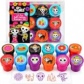 TINYMILLS Day of the Dead Stamp Set – 12 Pcs Self-Inking Stamper Kit with Sugar Skull & Floral Designs Día de Los Muertos Party Favors, Classroom Prizes, Craft Supplies, Non-Candy Goodie Bag Fillers