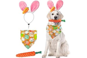 QIDELONG Dog Easter Bunny Costume, 3 Pack Pet Rabbit Ears Headband, Egg Dog Bandana, Carrot Dog Toy Set, Easter Dog Costumes for Small Dogs Cat Puppy Party Apparel Easter Halloween Accessory Headwear