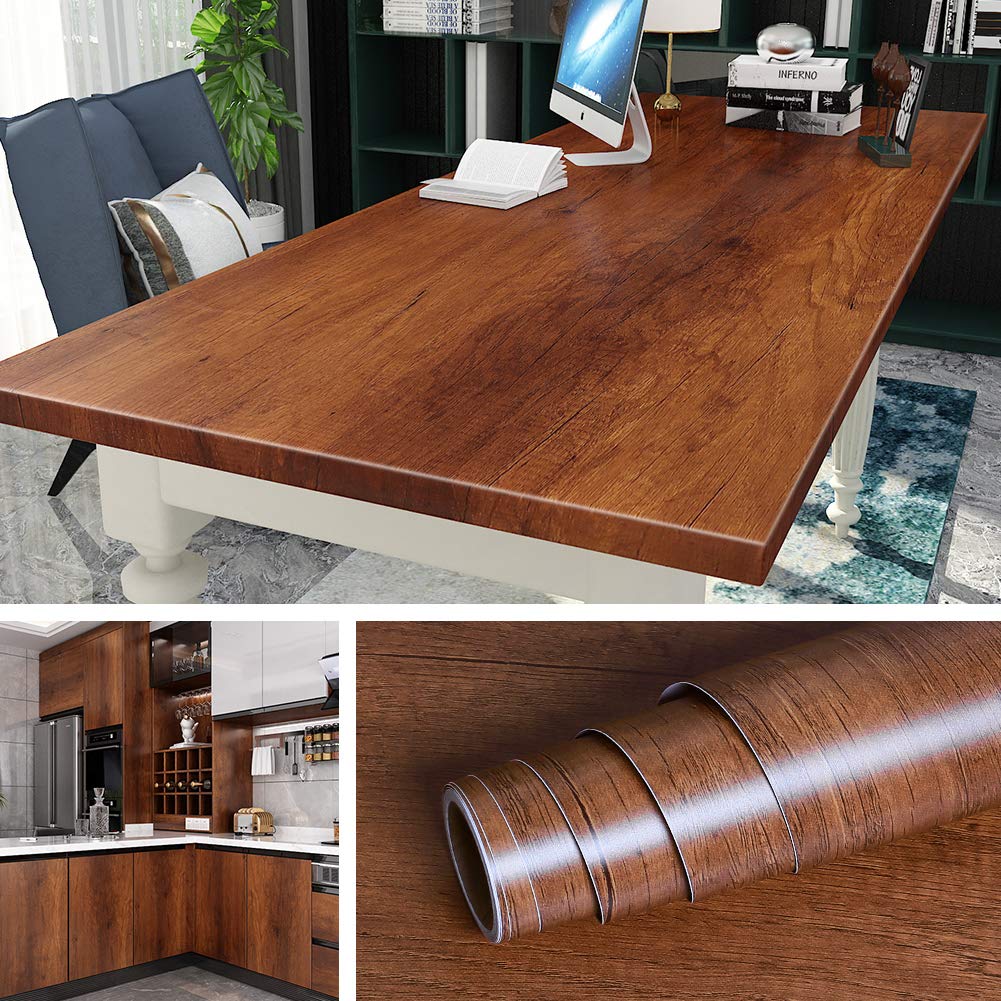 Photo 1 of Livelynine 36 x197 Inch Wide Wood Contact Paper Peel and Stick Countertops Waterproof Brown Wood Grain Vinyl Wrap for Cabinets Kitchen Counter Top Self Adhesive Wallpaper Apartment Friendly Desk Cover