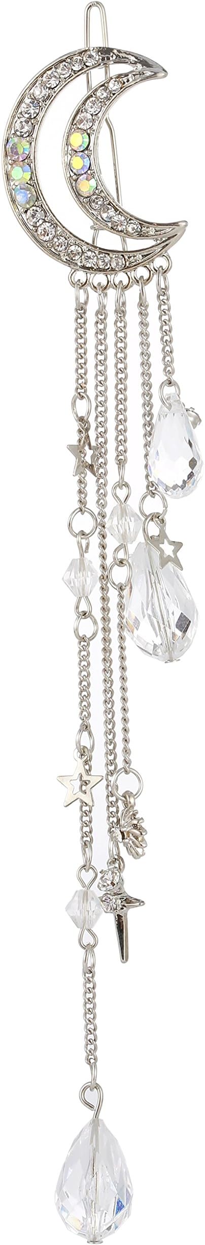 Fvermecky Vintage Crystal Hair Clips Tassel Drop Star Moon Hair Clips Bobby Pins For Women Girls Hair Accessories 4 Colors (Silver)