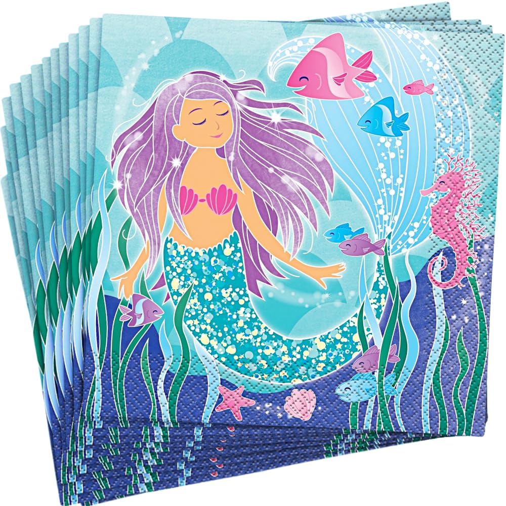 Magical Mermaid Multicolor Luncheon Paper Napkins (16cm) Pack of 16 - Perfect for Themed Parties and Special Events