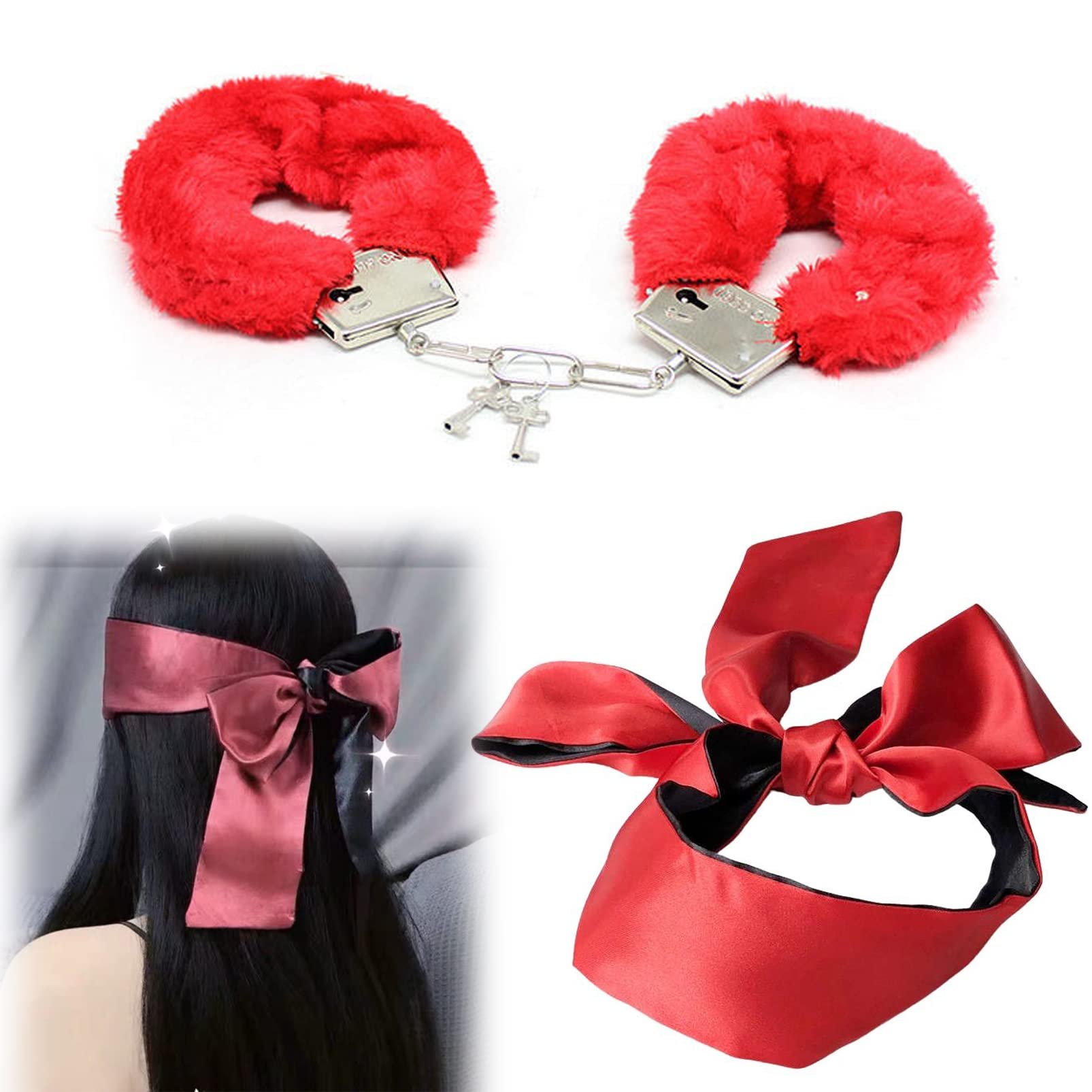 Metal Handcuffs with 2 Keys,Satin Headband Pearl Headband Satin Blindfold Play,Cosplay Costume Props for Cosplay,Handcuffs Prop Dress Ball Party (Black) (Red)