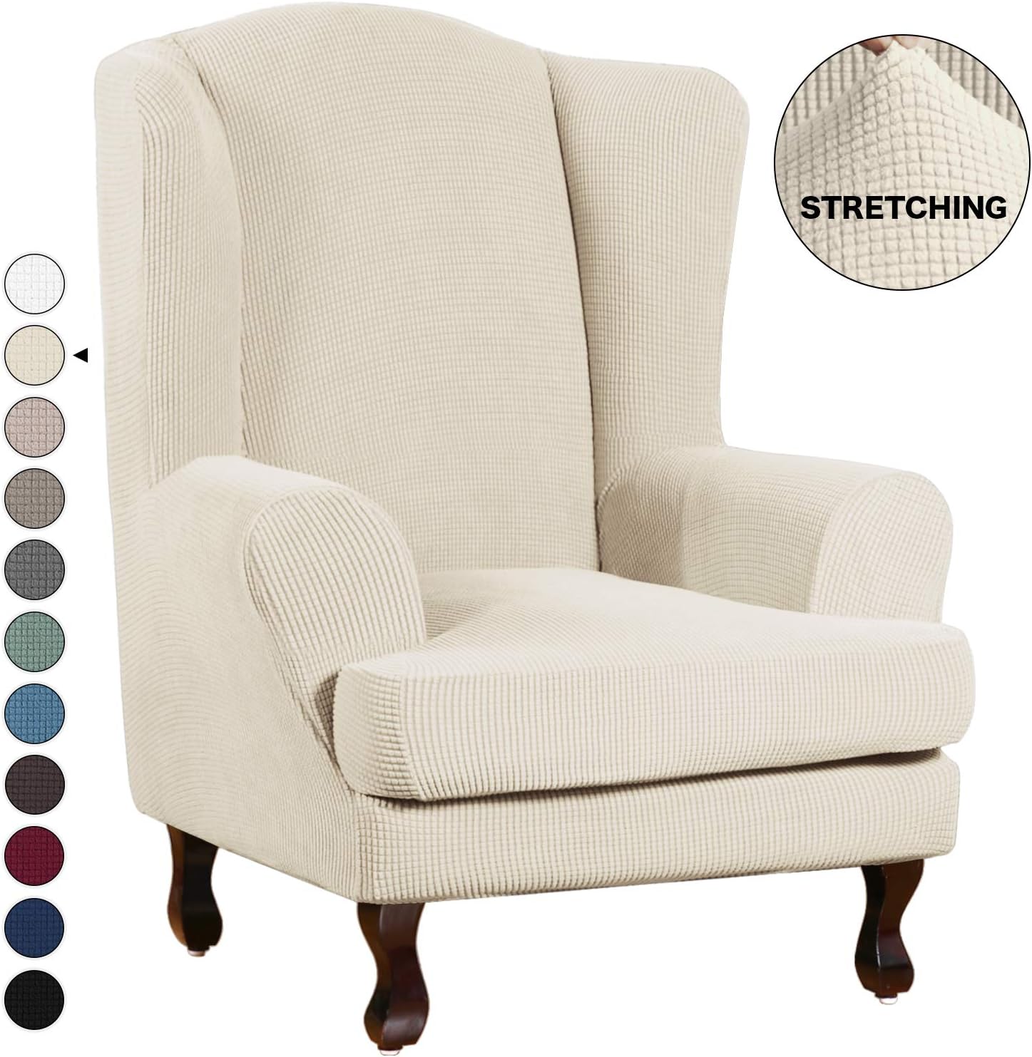 Turquoize Stretch Wing Chair Slipcover Wingback Armchair Chair Sofa Cover Furniture Protector 2-Piece with Elastic Bottom Anti-Slip Foam Kids Jacquard Fabric Small Checks (Wing Chair, Biscotti Beige): Furniture & Decor