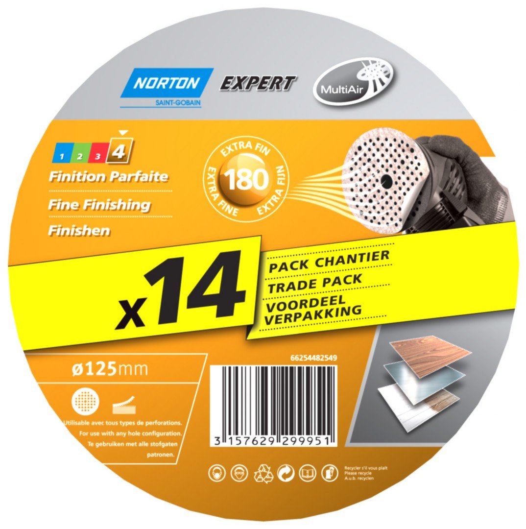 Norton Expert Sanding Discs with Multi-Air Perforations 125 x 18 mm Thickness Grade 180 Pack of 14