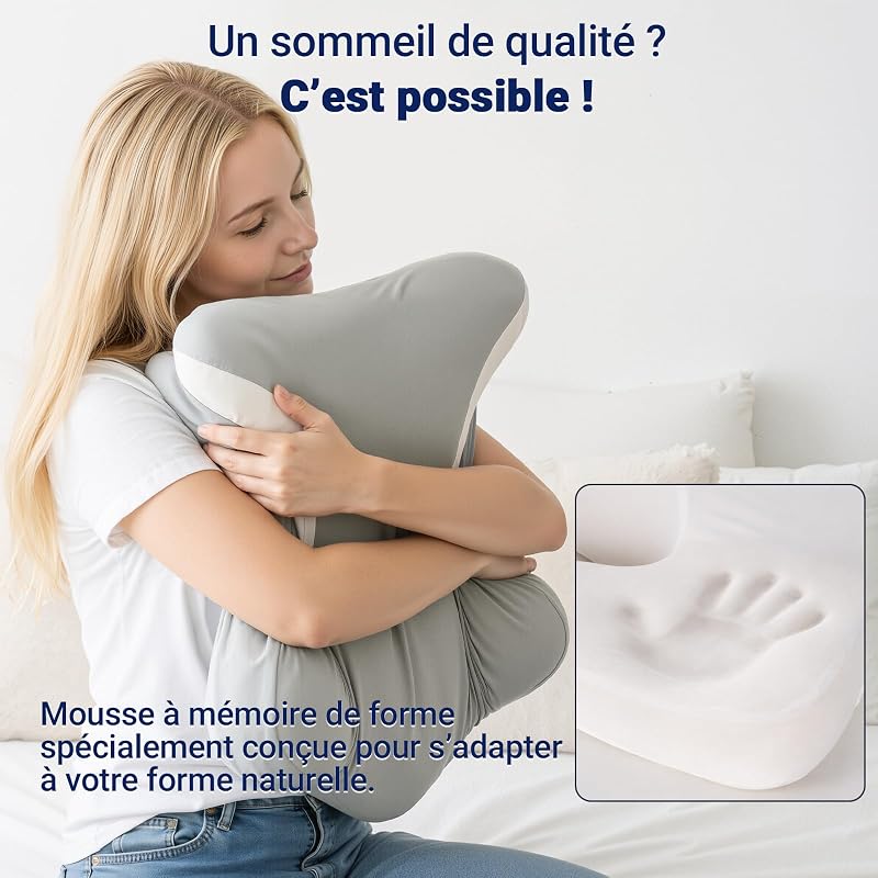 Oreiller Ergonomique Cervical Mémoire de Forme – Coussin Cervicales Douloureuses, Modèle Papillon avec Cavités d’Oreilles, Soutien pour la Nuque, Housse Lavable, Gris