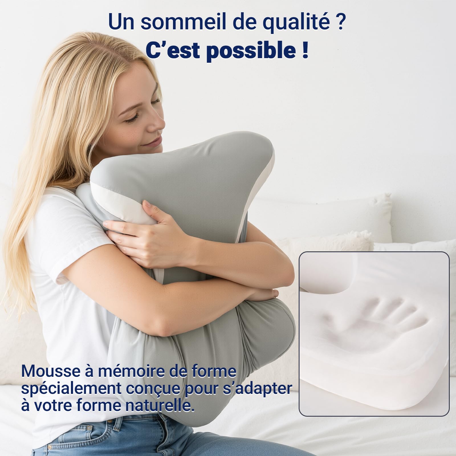 Oreiller Ergonomique Cervical Mémoire de Forme – Coussin Cervicales Douloureuses, Modèle Papillon avec Cavités d’Oreilles, Soutien pour la Nuque, Housse Lavable, Gris